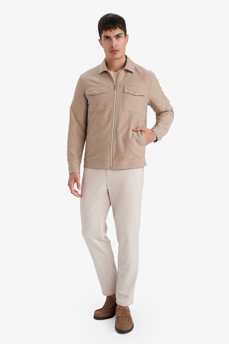 DeFacto Beige Man Slim Fit Polo Collar Lined Zip-Up Jacket Casual - Image 2